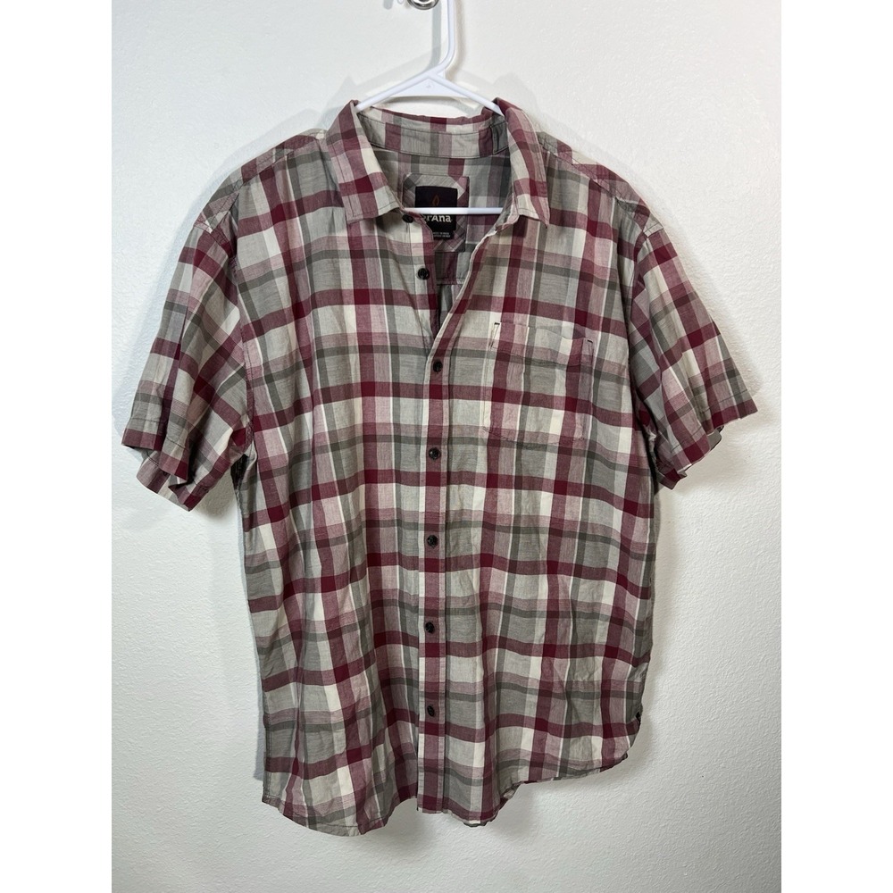 PrAna Men's Short Sleeve Button Up Shirt XL Red Brown Plaid Hiking Gorpcore